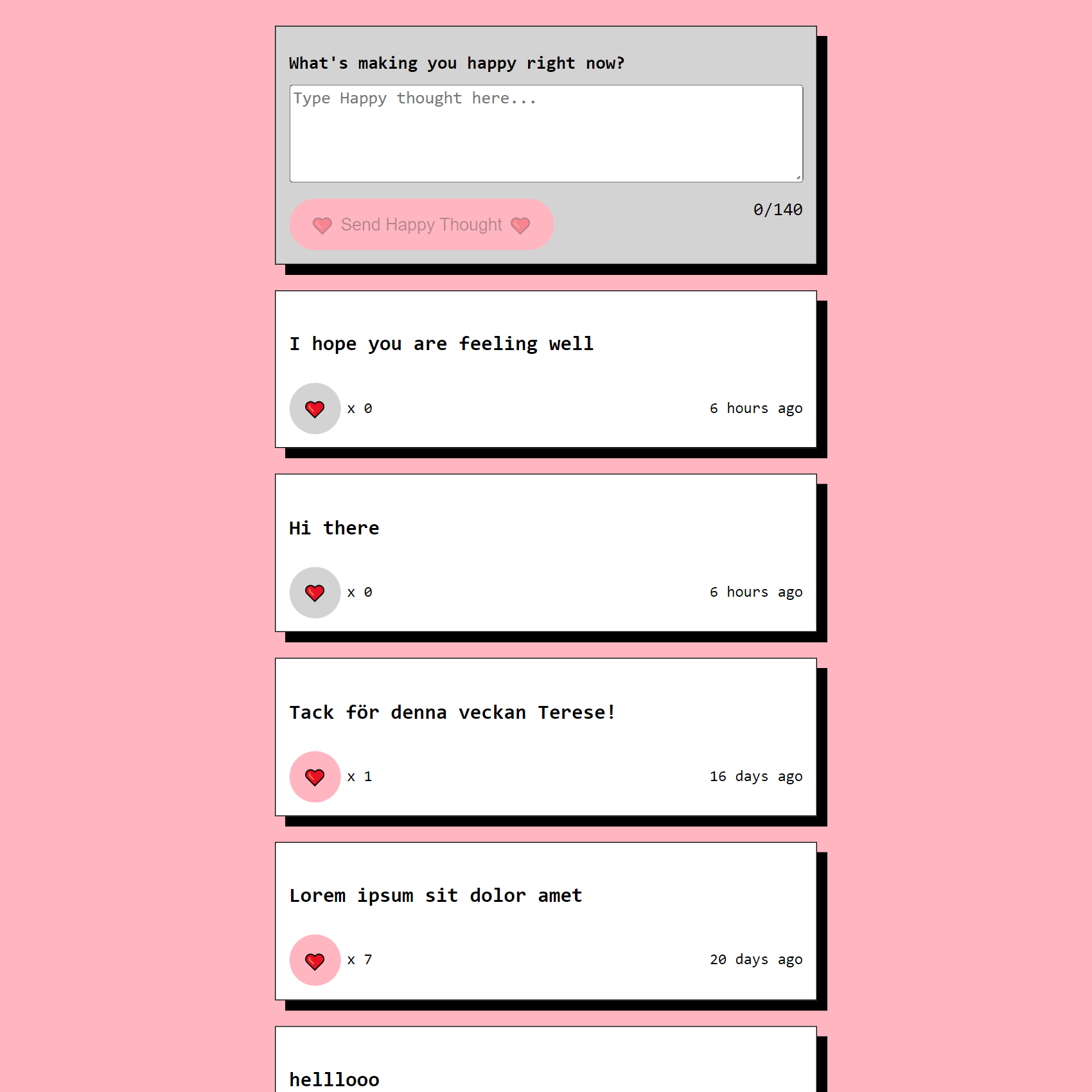 A screenshot of the project happy thoughts